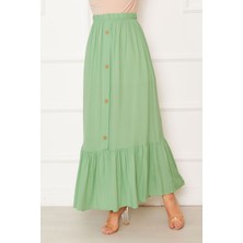 ZMR Beli Lastikli Düğme Detaylı Tesettür Etek Fıstık Yeşili