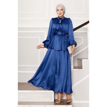 Md Beli Büzgülü Kuşak Detaylı Saten Etekli Takım İndigo