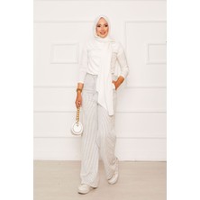 Kç Beli Lastik Bağcıklı Çizgili Salaş Pantolon Açık Gri