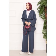 Kç Işıltılı Taş Detaylı Büzgülü Oyşo Tesettür Takım Füme