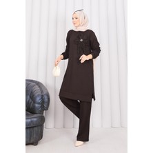 Nz Taş İşlemeli Kabartma Çiçekli Tesettür Takım Kahve