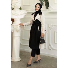 Md Çift Renkli Düğme Detaylı Trenç Siyah