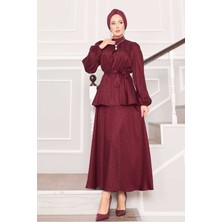 Md Beli Büzgülü Desenli Jakarlı Tesettür Takım Bordo