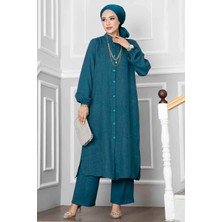 Md Düğmeli Tunik İkili Tesettür Takım Petrol