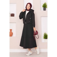 Md Fermuarlı Kapüşonlu Crop Etek Tesettür Takım Siyah