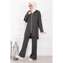 Frx Lüks Taş Şeritli Simli Triko Ikili Takım Antrasit