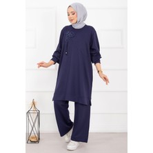 Nz Taş İşleme Çiçek Detaylı Tesettür İkili Takım Lacivert