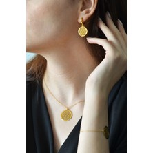 Kadın 925 Ayar Gümüş Altın Yaşam Çiçeği Kolye Küpe ve Bileklik Seti