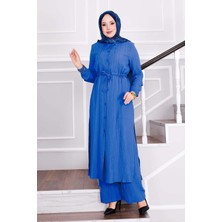 Asm Belden Bağlamalı Pantolonlu Tesettür Takım Mavi