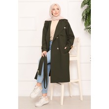 Md Aller Detaylı Seyyar Kuşaklı Tesettür Trençkot Haki