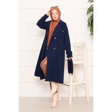 Md Aller Detaylı Seyyar Kuşaklı Tesettür Trençkot Lacivert