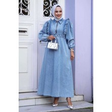 Asm Önü Fırfırlı Beli Büzgülü Kot Elbise Mavi