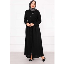 Asm Boydan Düğmeli Kolu Lastikli Elbise Siyah