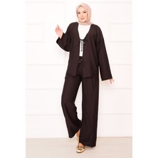 ZNK Önden Bağcık Detaylı Pantolonlu İkili Takım Kahve