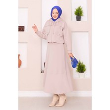 Md Fermuarlı Kapüşonlu Crop Etek Tesettür Takım Bej