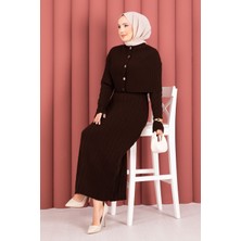 KL Düğme Detaylı Pelerinli Triko Elbise Takım Kahve