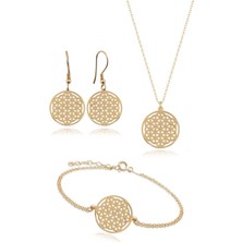 Kadın 925 Ayar Gümüş Yaşam Çiçeği Kolye Küpe ve Bileklik Seti