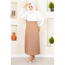 MDS Beli Lastikli Piliseli Tesettür Etek Vizon