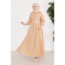 Md Dantel Detaylı Beli Kuşaklı Tesettür Elbise Vizon