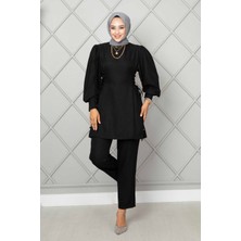 Md Yandan Bağlamalı Keten Tesettür Ikili Takım Siyah