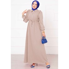 Asm Yarım Fermuarlı Fırfır Detaylı Tesettür  Elbise Taş