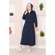 Md Fermuarlı Kapüşonlu Crop Etek Tesettür Takım Lacivert