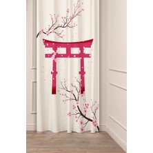 Greendecor Sakura Çiçek Bohem Japonya Soft Bej Pembe Desenli Özel Tasarım Dijital Baskılı (Tek Kanat) Fon Perde