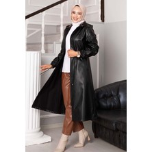 Frh Kapüşonlu Deri Kap Siyah