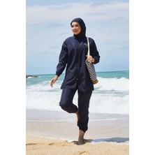 SVS Boydan Fermuarlı Beli Ayarlanabilir Tesettür Mayo Açık Lacivert