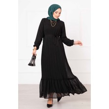 Pol Kuşaklı Piliseli Şifon Tesettür Tesettür Elbise Siyah