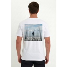 Alfanora Erkek Oversize Tişört - Sırt Baskılı "survivor Penguin" Temalı, Felsefi Yazılı Bisiklet Yaka Tişört - Beyaz