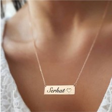 Kadın Yatay Bar Plaka Kalpli Isimli Gümüş Kolye