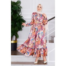 Md Çiçek Desenli Kemerli Tesettür Elbise Bej