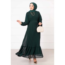 Pol Kuşaklı Piliseli Şifon Tesettür  Tesettür Elbise Zümrüt