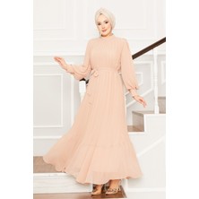 Md Kolları Organze Tesettür Abiye Bej