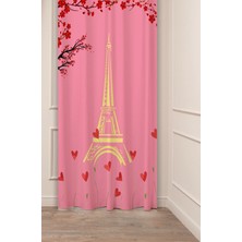Greendecor Aşk Eyfel Külesi Kalp Pembe Kırmızı Desenli Özel Tasarım Dijital Baskılı (Tek Kanat) Şık Fon Perde