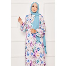 Mlk Çiçekli Yarım Düğmeli Tesettür Elbise Mor