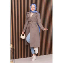 Md Kruvaze Yaka Kemerli Tesettür Kapitone Trençkot Vizon