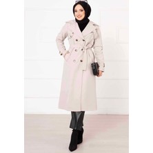 OC Rahat Kalıp Kruvaze Düğme Detaylı Kolları Ayarlanan Trençkot Taş