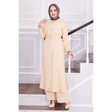 Asm Belden Bağlamalı Pantolonlu Tesettür Takım Bej