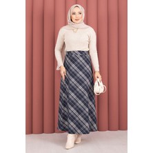 MDS Çizgili Ekose Scuba Etek Lacivert