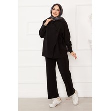 Md Yandan Bağlamalı Düğme Detaylı Tesettür Takım Siyah