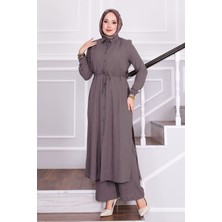 Asm Belden Bağlamalı Pantolonlu Tesettür Takım Vizon