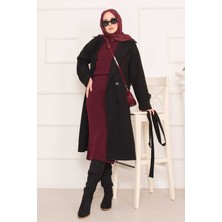 Md Arkası Düğme Detaylı Seyyar Kuşaklı Tesettür Trençkot Siyah