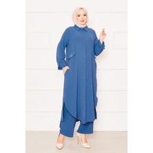 Md Kolları Katlanabilir Cepli Uzun Tunik Pantolon İkili Tesettür Takım İndigo