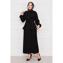 Md Kendinden Kuşaklı Piliseli Tesettür Takım Siyah