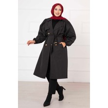 Asm Beli Kemerli Kolu Büzgülü Trenç Siyah