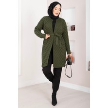 RAF Saç Örgü Kuşaklı Triko Hırka Haki