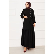 Asm Önü Aller Ve Taş Detaylı Bağlamalı Elbise Siyah