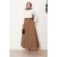 Kç Cep Detaylı Spor Terikoton Etek Sütlü Kahve